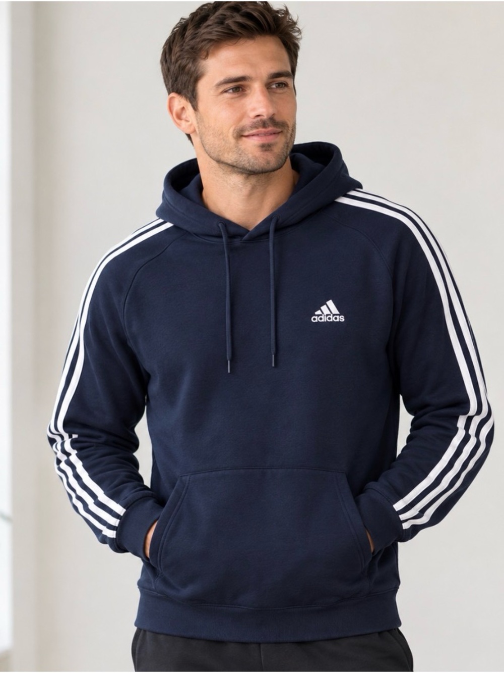 Adidas Navy Pullover Hoodie with Three-Stripe Sleeve Detail